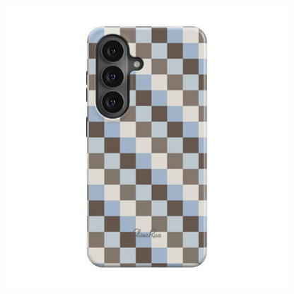 Tough magnetic phone case with blue and brown check pattern