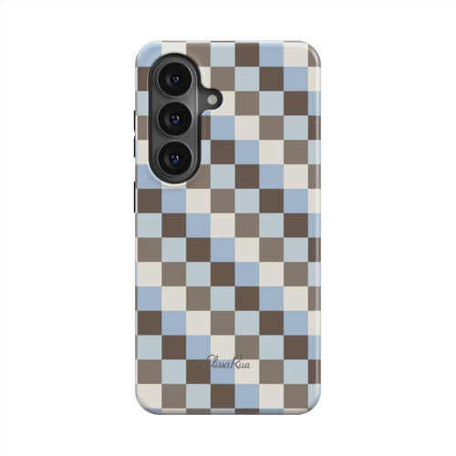 Tough magnetic phone case with blue and brown check pattern