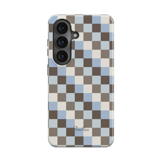 Tough magnetic phone case with blue and brown check pattern