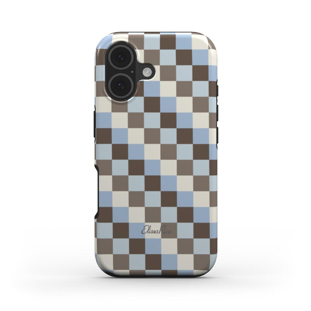 A phone case featuring a brown, beige, and light blue check pattern