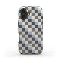 A phone case featuring a brown, beige, and light blue check pattern