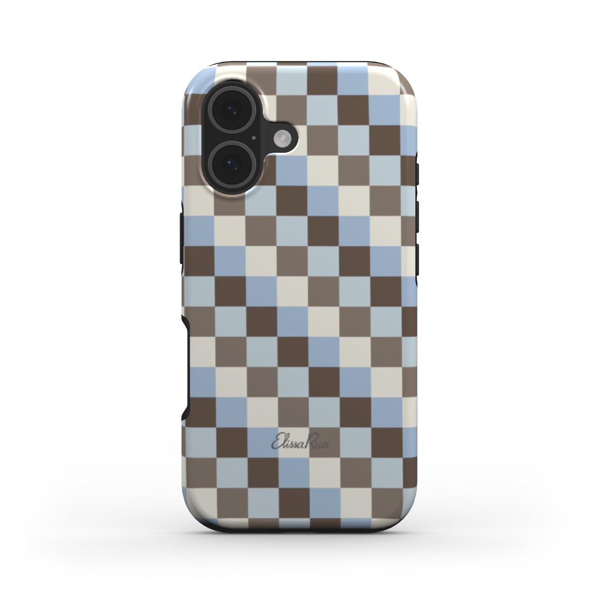 A phone case featuring a brown, beige, and light blue check pattern