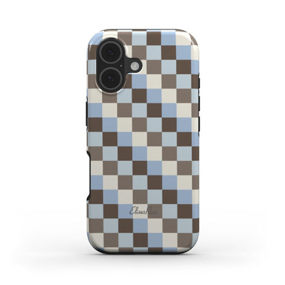 A phone case featuring a brown, beige, and light blue check pattern