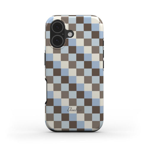 A phone case featuring a brown, beige, and light blue check pattern