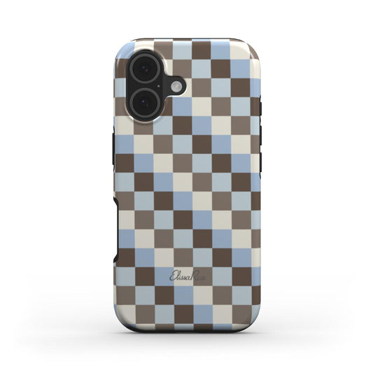 A phone case featuring a brown, beige, and light blue check pattern