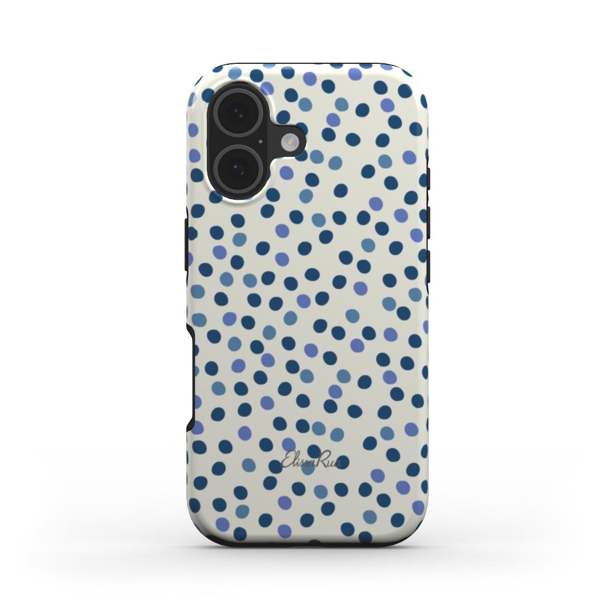 Tough phone case with blue dots on a cream background
