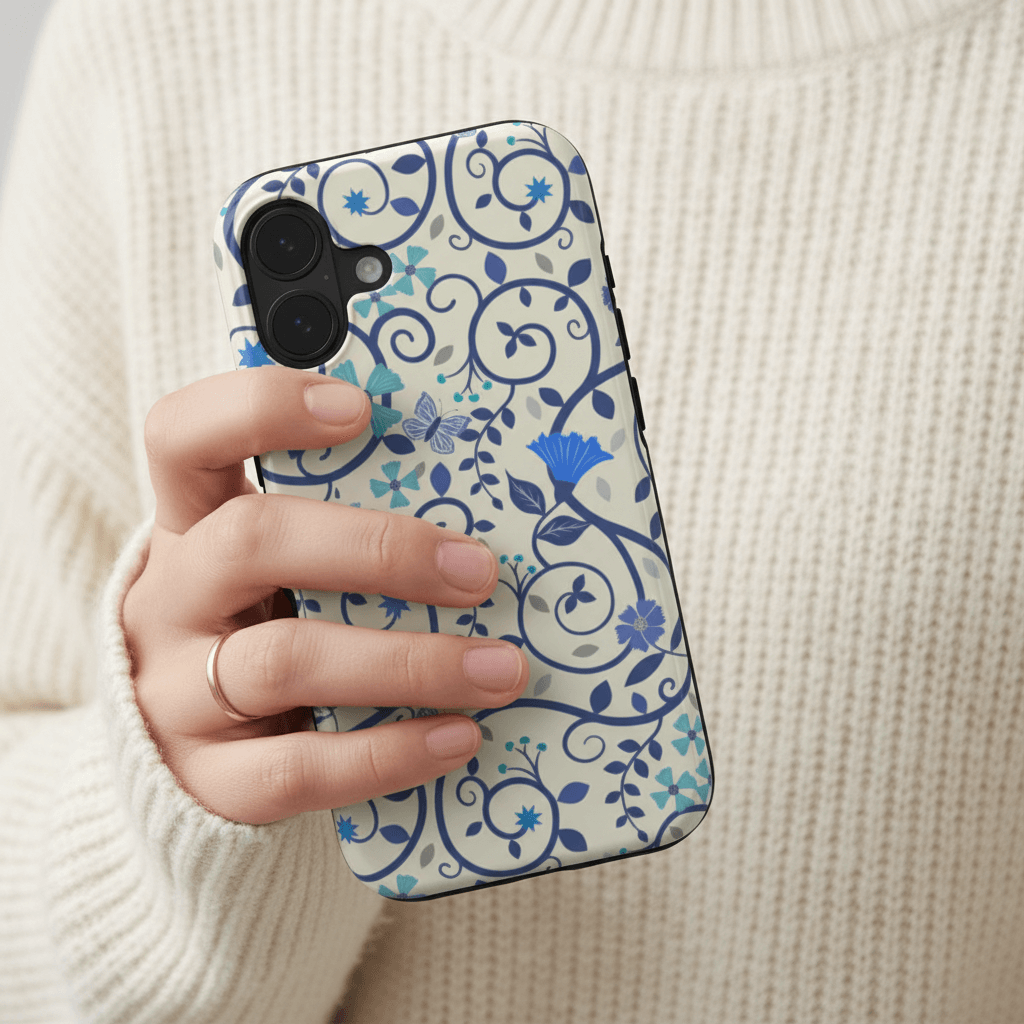 Blue Floral Swirl Phone Case Lifestyle Shot