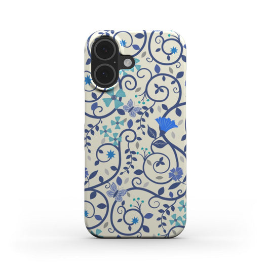 Front view of Blue Floral Swirl Snap Phone Case with scrolling vines and fantasy floral swirls