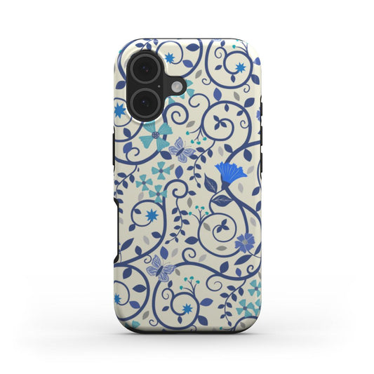 Front view of Blue Floral Swirl Tough Phone Case with scrolling vines and fantasy floral pattern