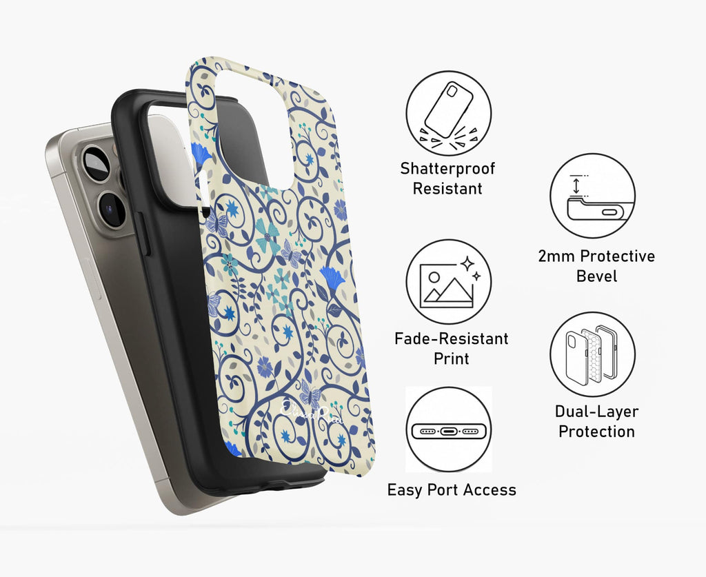 Layered view of Blue Floral Swirl Tough Phone Case with protective dual-shell design