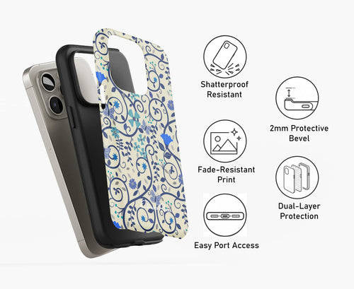 Layered view of Blue Floral Swirl Tough Phone Case with protective dual-shell design