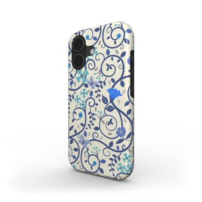 Side view of Blue Floral Swirl Tough Phone Case showing slim dual-layer design