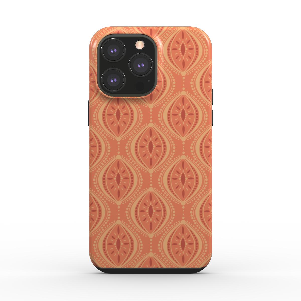 Boho Orange Geometric Tough Phone Case with retro diamond pattern