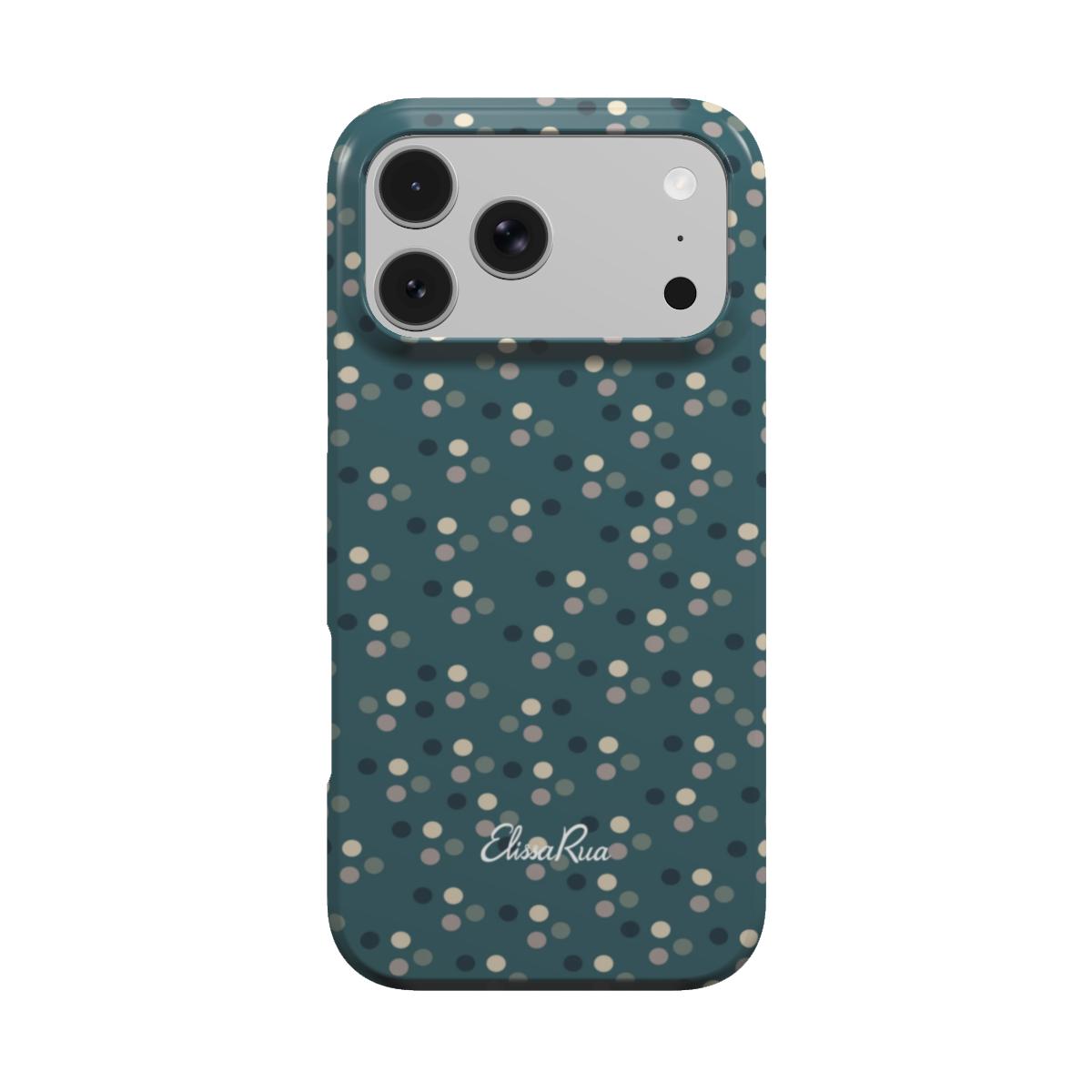 Bottle green tough phone case with scattered cream, grey, sage and dark blue dots, back view