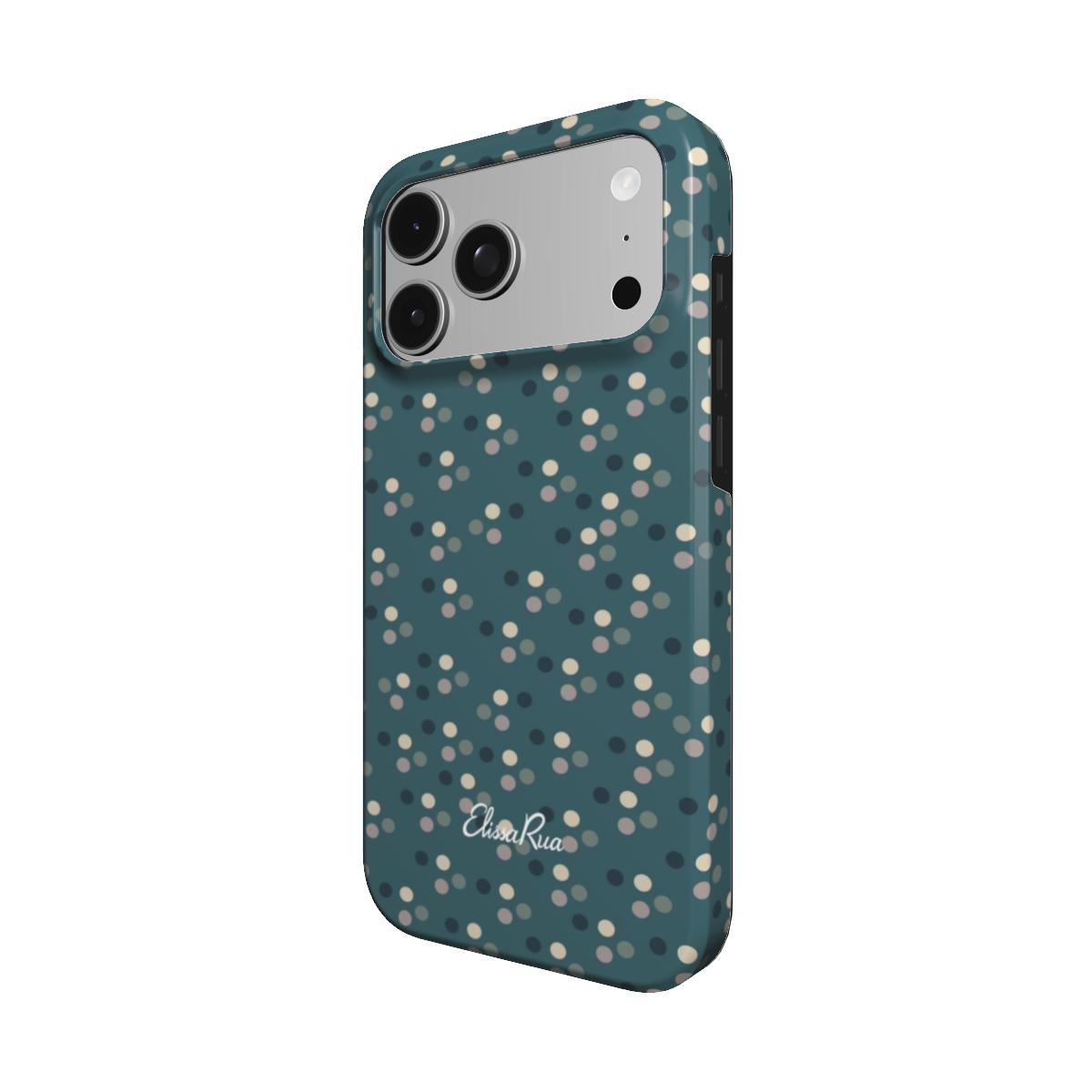 Side view of the Bottle Green Dots tough phone case, showing the patterned edges
