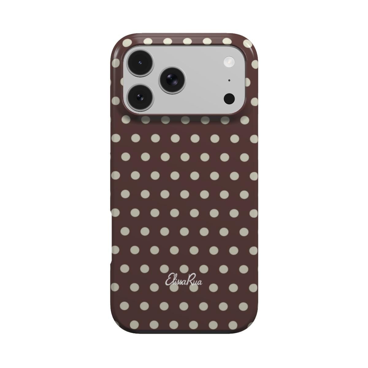 Phone case in chocolate brown polka dots