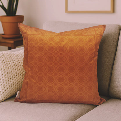 Copper geometric velvet cushion cover styled on sofa, luxury decorative cushion