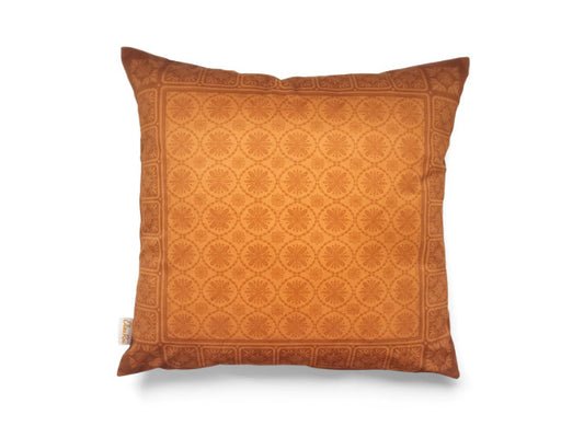 Copper velvet cushion with geometric pattern