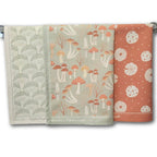 Designer tea towel set featuring three botanical mushroom prints from the Fabulous Funghi collection, premium kitchen towels set of 3.
