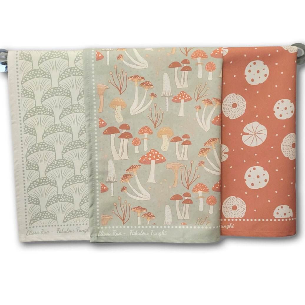 Designer tea towel set featuring three botanical mushroom prints from the Fabulous Funghi collection, premium kitchen towels set of 3.