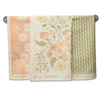 Designer tea towel set featuring three coordinated floral botanical prints from the Floral Wilderness collection, luxury kitchen towels set of 3.