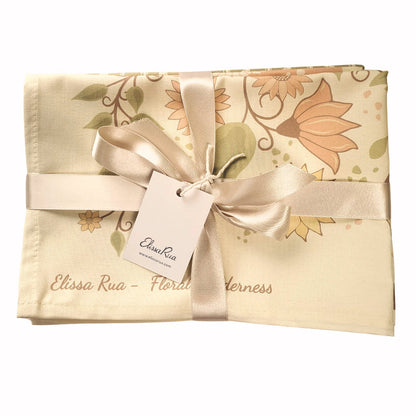Folded Floral Wilderness tea towel set of 3 with ribbon and tag, botanical kitchen towel gift set.