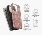 Dusty Rose Dots tough phone case displayed in two layers, with a shock-absorbing TPU inner shell and a durable hard outer shell featuring a minimalist polka dot design.
