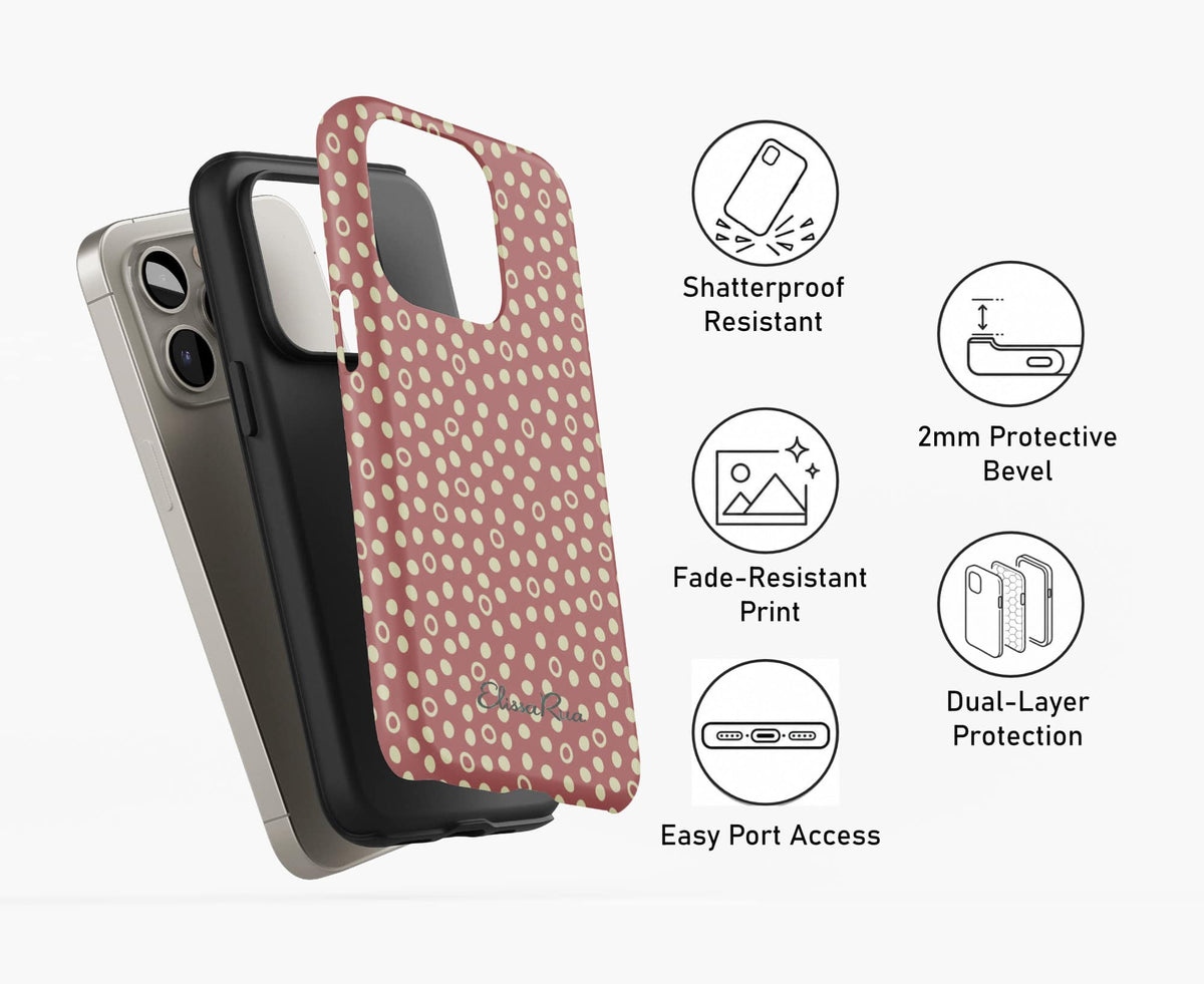 Dusty Rose Dots tough phone case displayed in two layers, with a shock-absorbing TPU inner shell and a durable hard outer shell featuring a minimalist polka dot design.