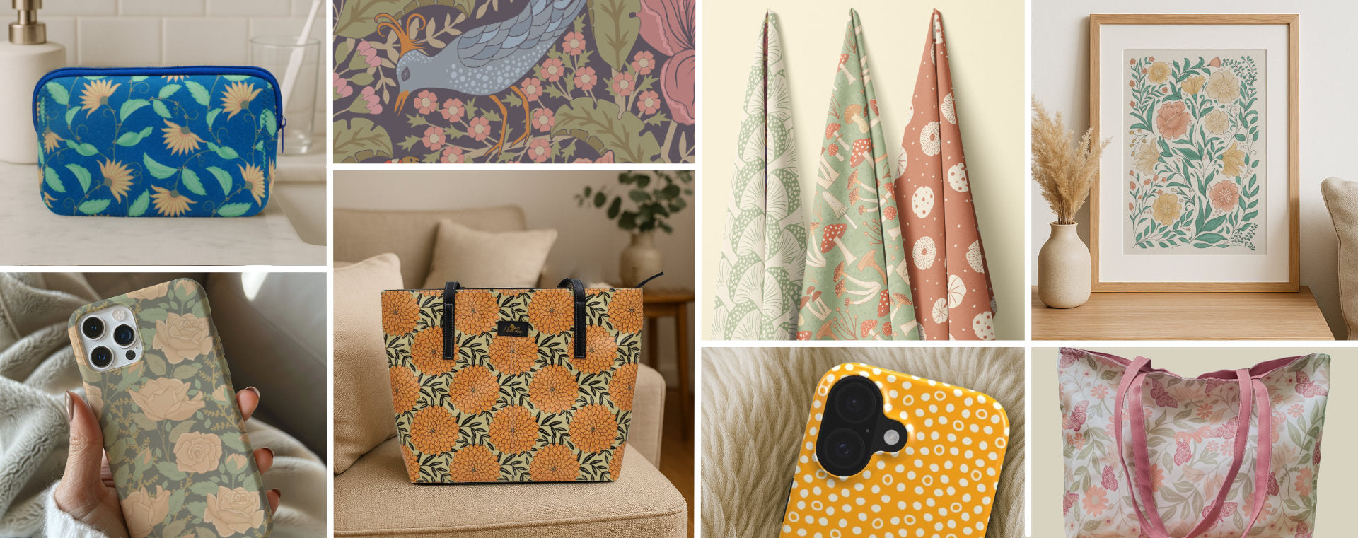 Collage of Elissa Rua patterned accessories and home décor, including a cosmetic bag, velvet tote bag, phone cases, tea towels, and botanical art print.