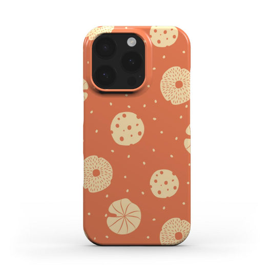 Front view of the Snap Mushroom Phone Case with peach background and spotty fungi pattern