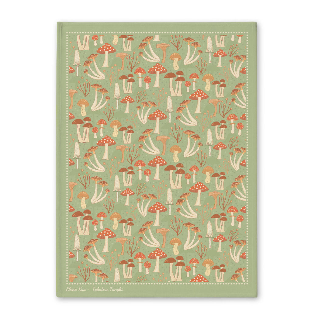 Green mushroom botanical tea towel from the Fabulous Funghi collection, Irish-designed decorative kitchen towel.
