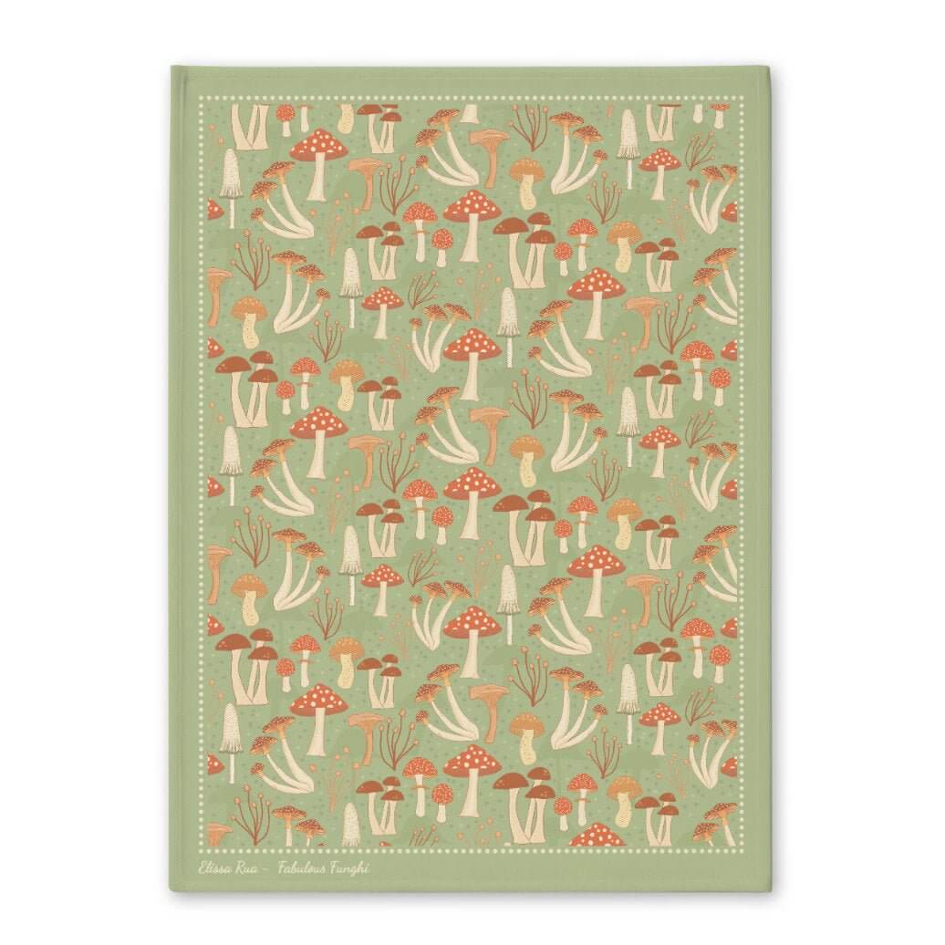 Green mushroom botanical tea towel from the Fabulous Funghi collection, Irish-designed decorative kitchen towel.