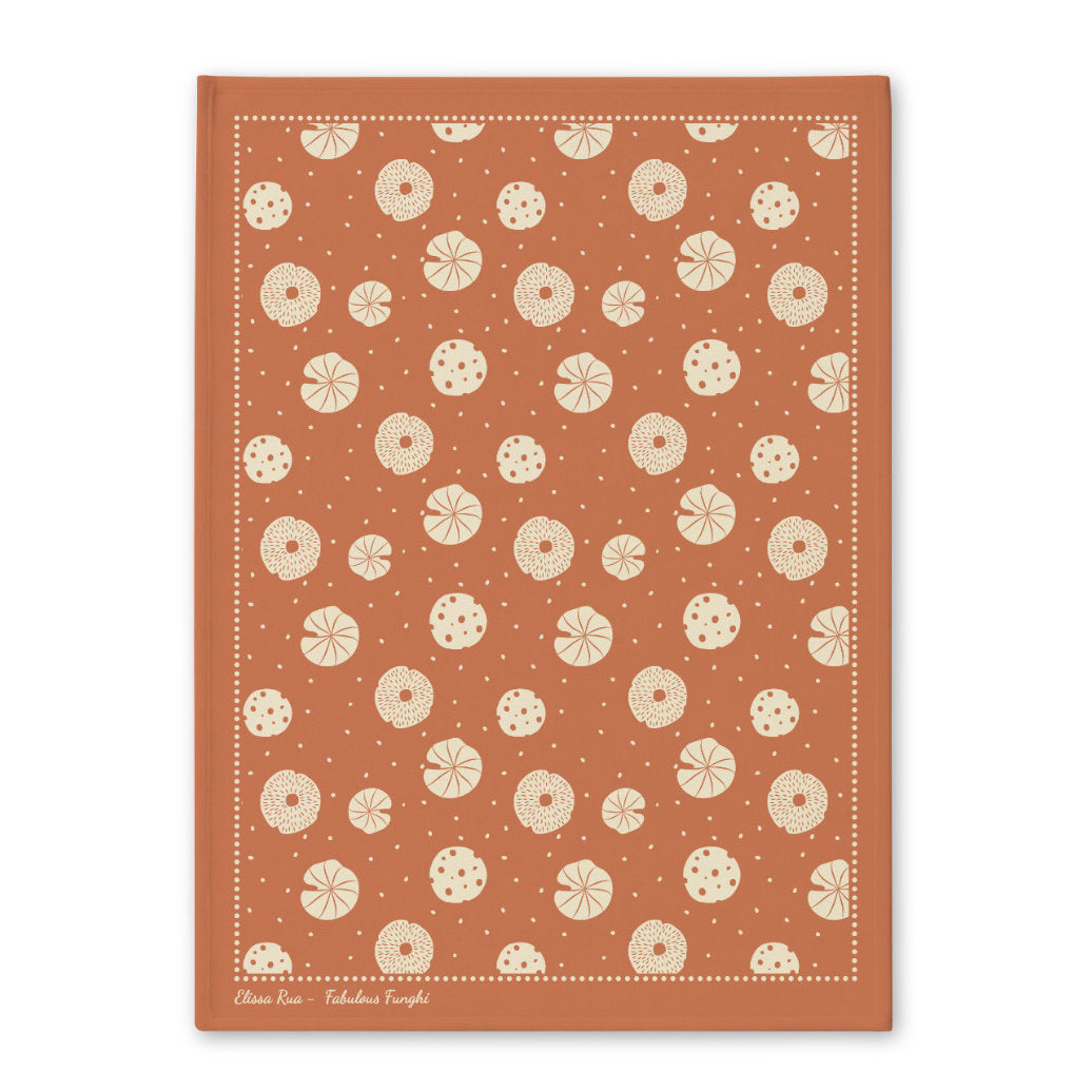Orange mushroom botanical tea towel with detailed nature-inspired artwork, part of the Fabulous Funghi designer collection.