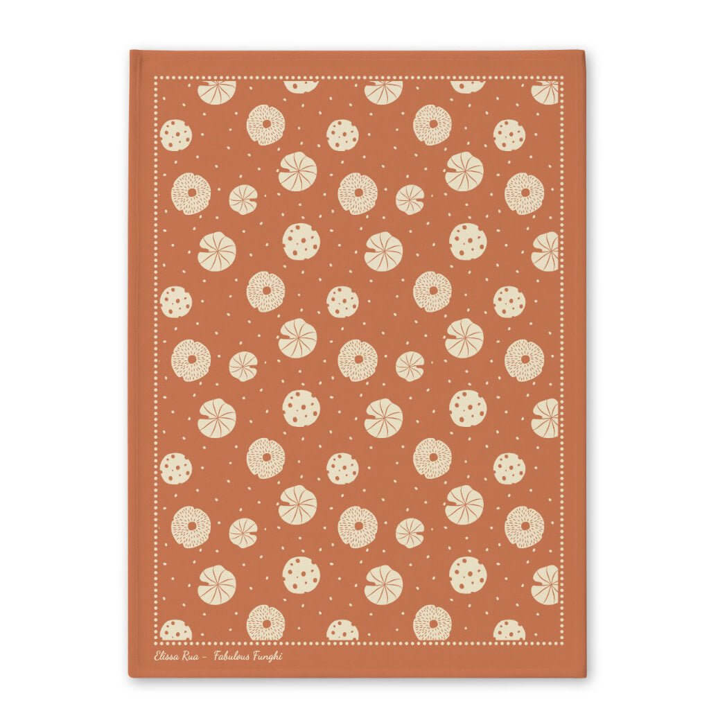 Orange mushroom botanical tea towel with detailed nature-inspired artwork, part of the Fabulous Funghi designer collection.