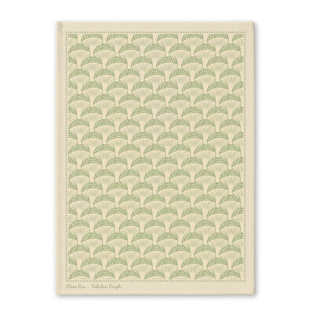 Cream and green patterned tea towel with subtle botanical design from the Fabulous Funghi tea towel set.