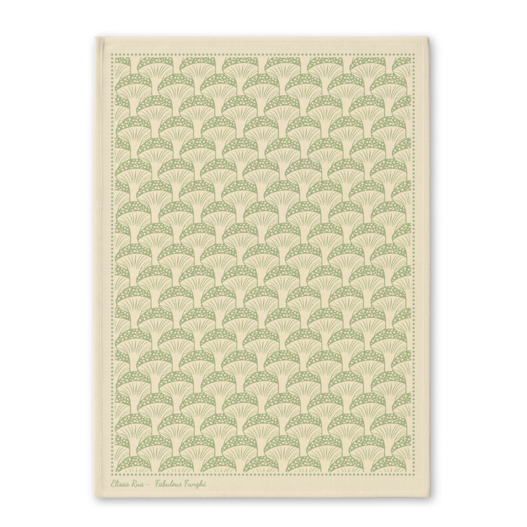 Cream and green patterned tea towel with subtle botanical design from the Fabulous Funghi tea towel set.