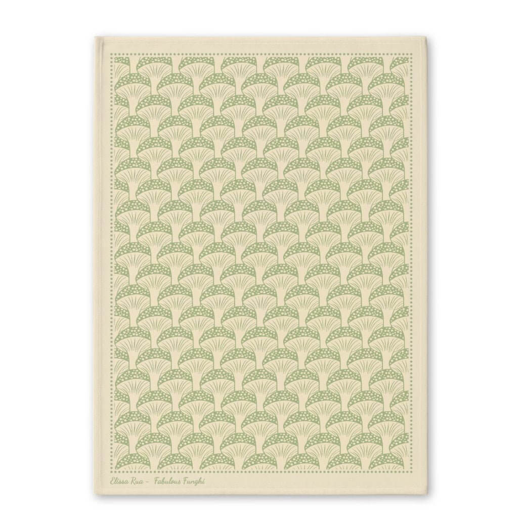 Cream and green patterned tea towel with subtle botanical design from the Fabulous Funghi tea towel set.