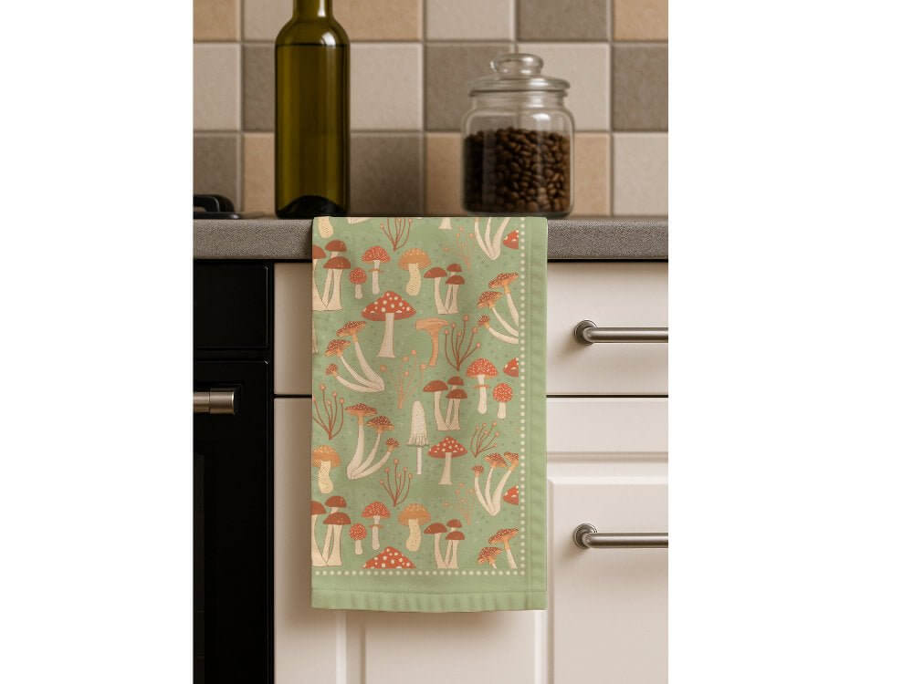 Fabulous Funghi tea towel displayed on a kitchen counter, showcasing the botanical mushroom design in a real home setting.