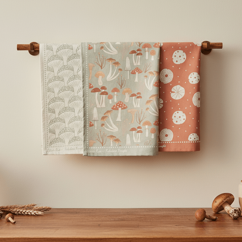 Three mushroom patterned towels hanging on a wooden towel rack against a beige wall.