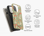 Exploded view of the Fabulous Funghi tough phone case highlighting its dual-layer protection and whimsical mushroom design.