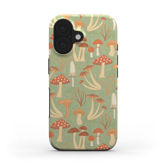 Angled view of the Fabulous Funghi tough phone case showing front and back – features red and cream mushrooms on a sage green background.