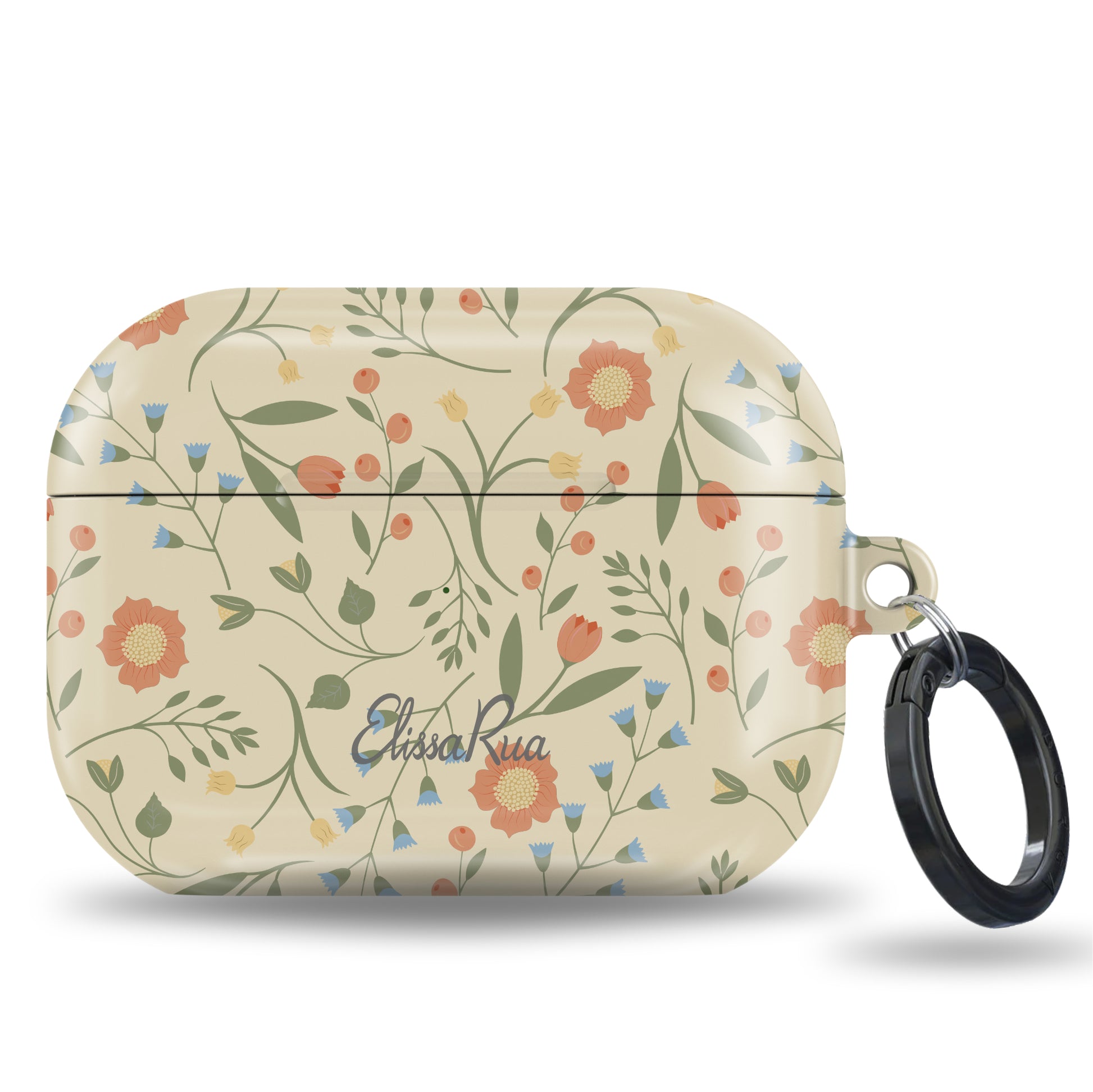Botanical AirPods case with whimsical floral design in muted tones