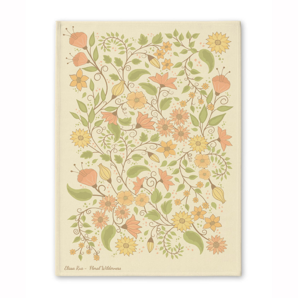 Botanical floral tea towel from the Floral Wilderness collection, featuring detailed artistic flower illustrations.