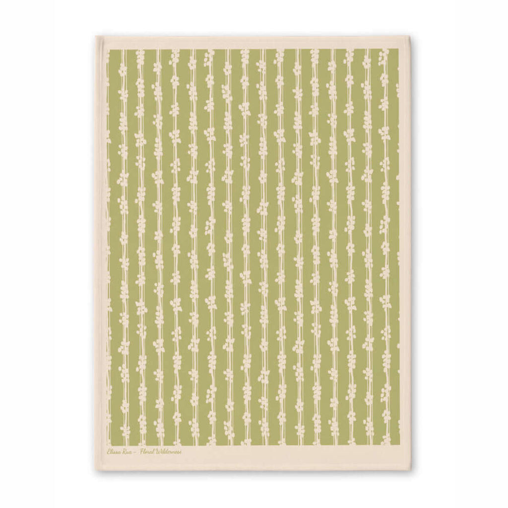 Green patterned tea towel with subtle botanical-inspired design, from the Floral Wilderness tea towel set.