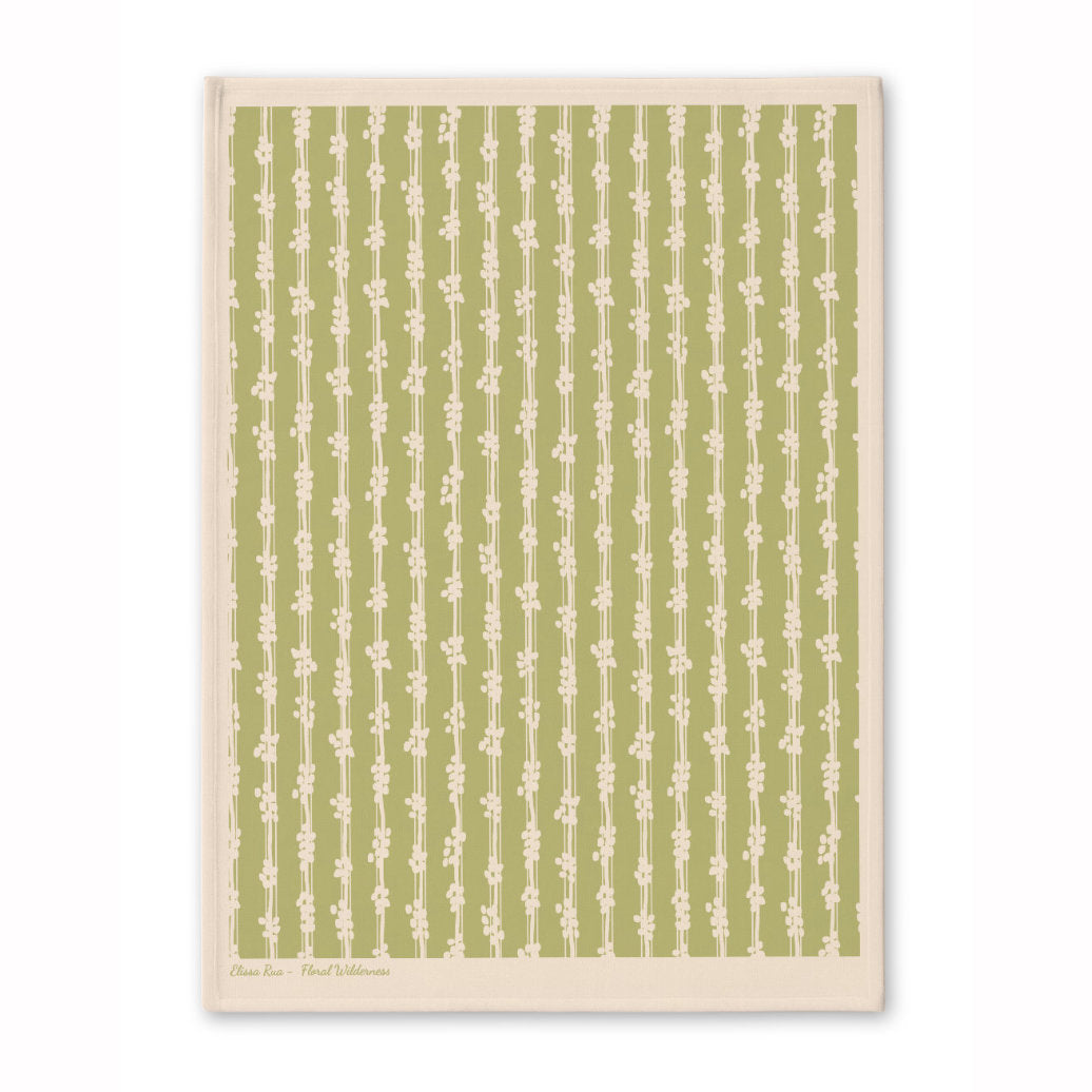 Green patterned tea towel with subtle botanical-inspired design, from the Floral Wilderness tea towel set.