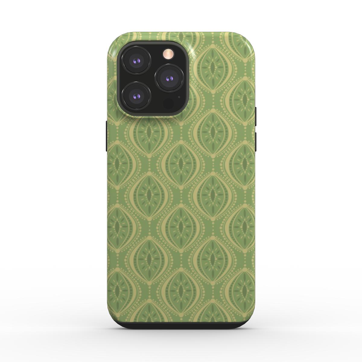 Green Boho Geometric Tough Phone Case with modern diamond pattern