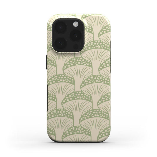 Front view of the Green Fan Mushroom Phone Case with sage green repeating mushroom pattern