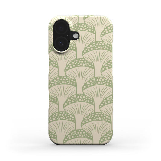 Front view of the Green Fan Mushroom Snap Case with soft green repeating mushroom fan pattern