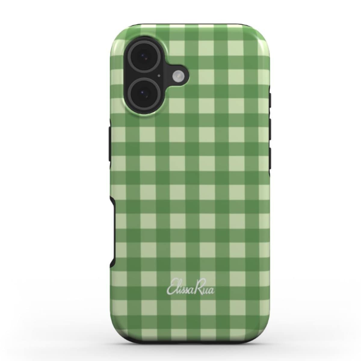 Green Gingham tough phone case with classic check pattern – front view