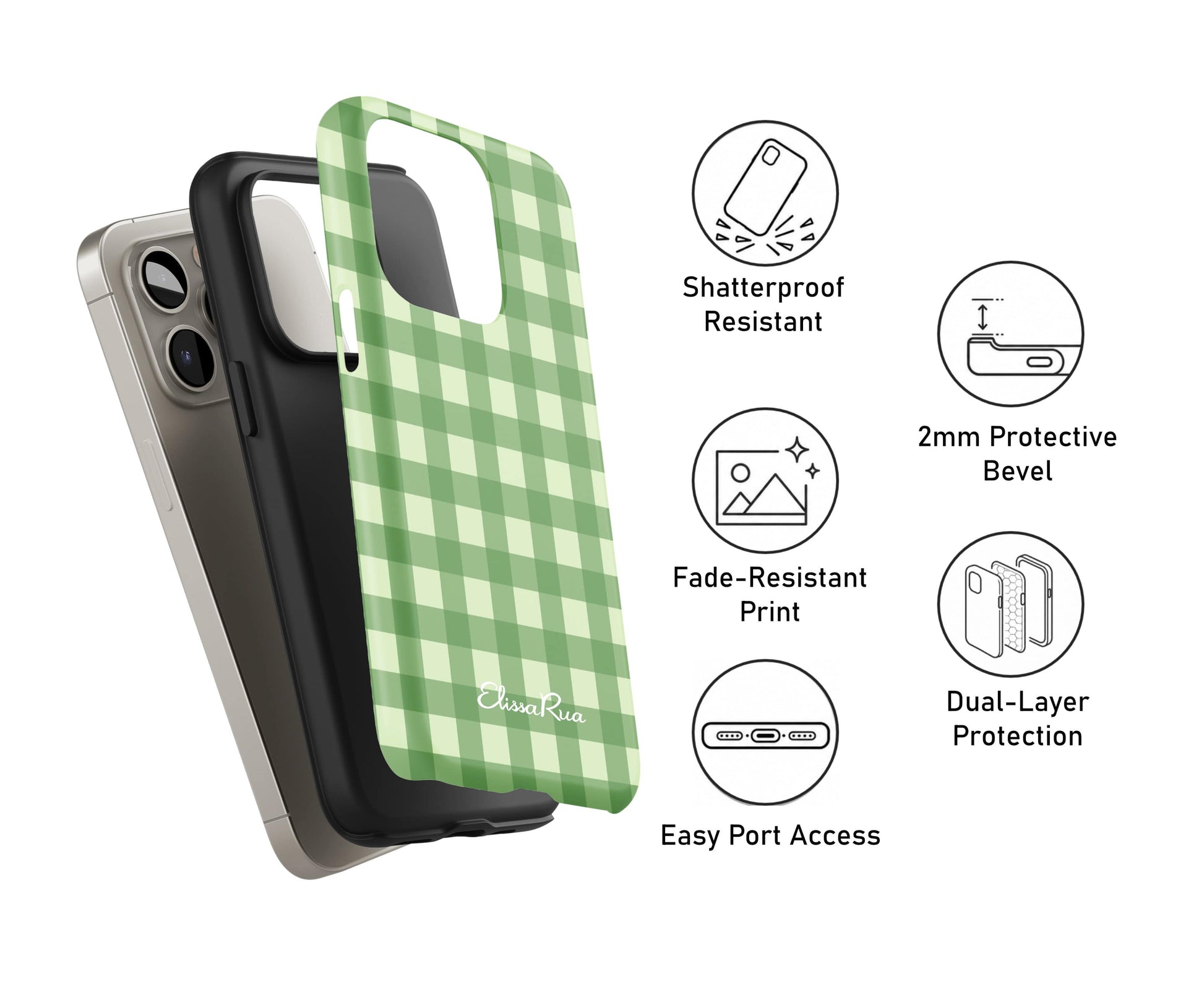 Green Gingham tough phone case showing dual-layer drop protection with classic check design